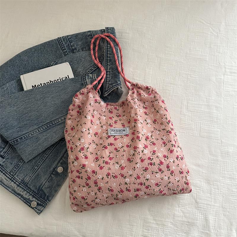 Korean ins floral canvas bag women's shoulder large capacity canvas bag thin plaid cradle bag portable canvas bag
