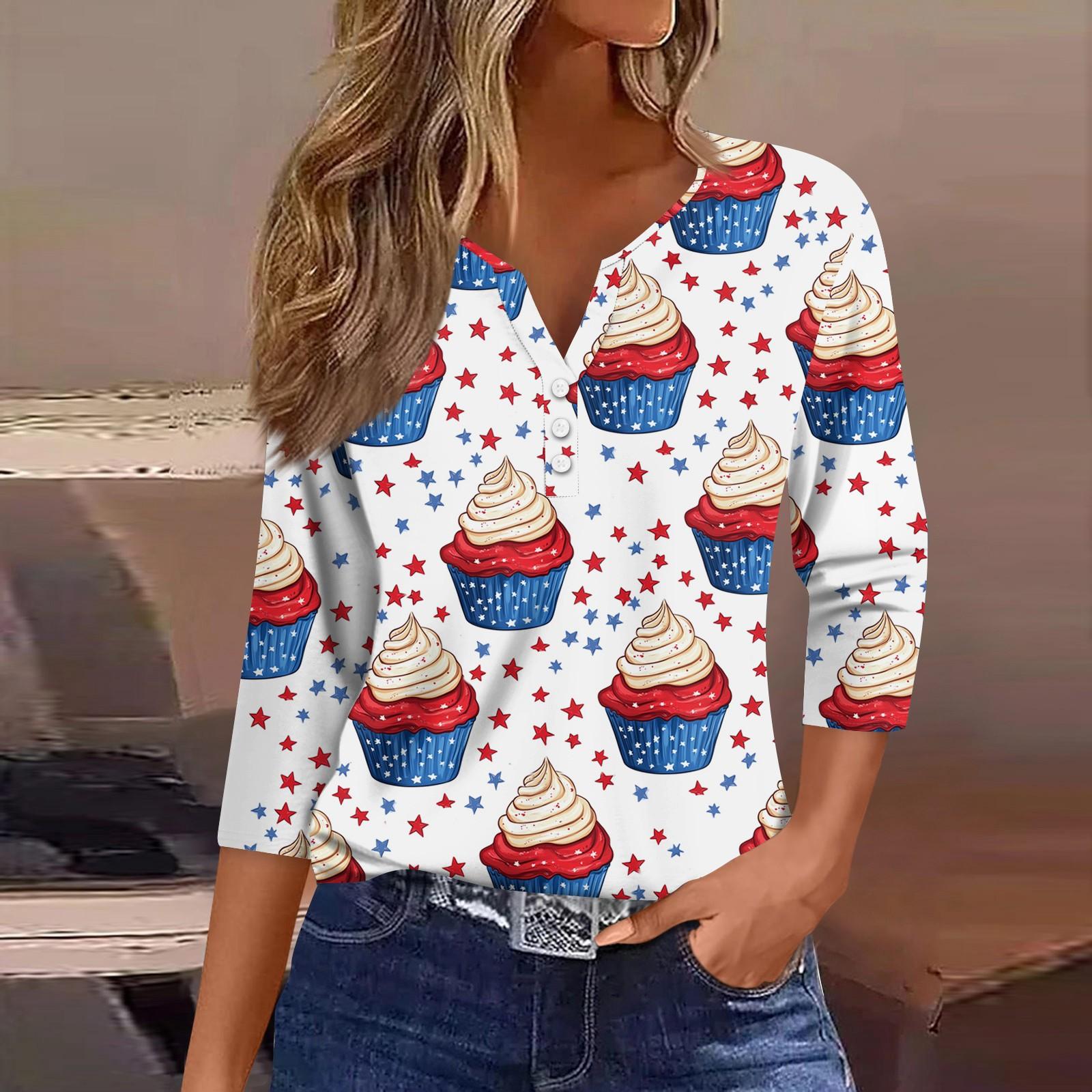 

3/4 Length Sleeve Womens Tops Print Vintage Fashion Casual Loose With V Neck Plus Size Shirts Independence Day XL білий