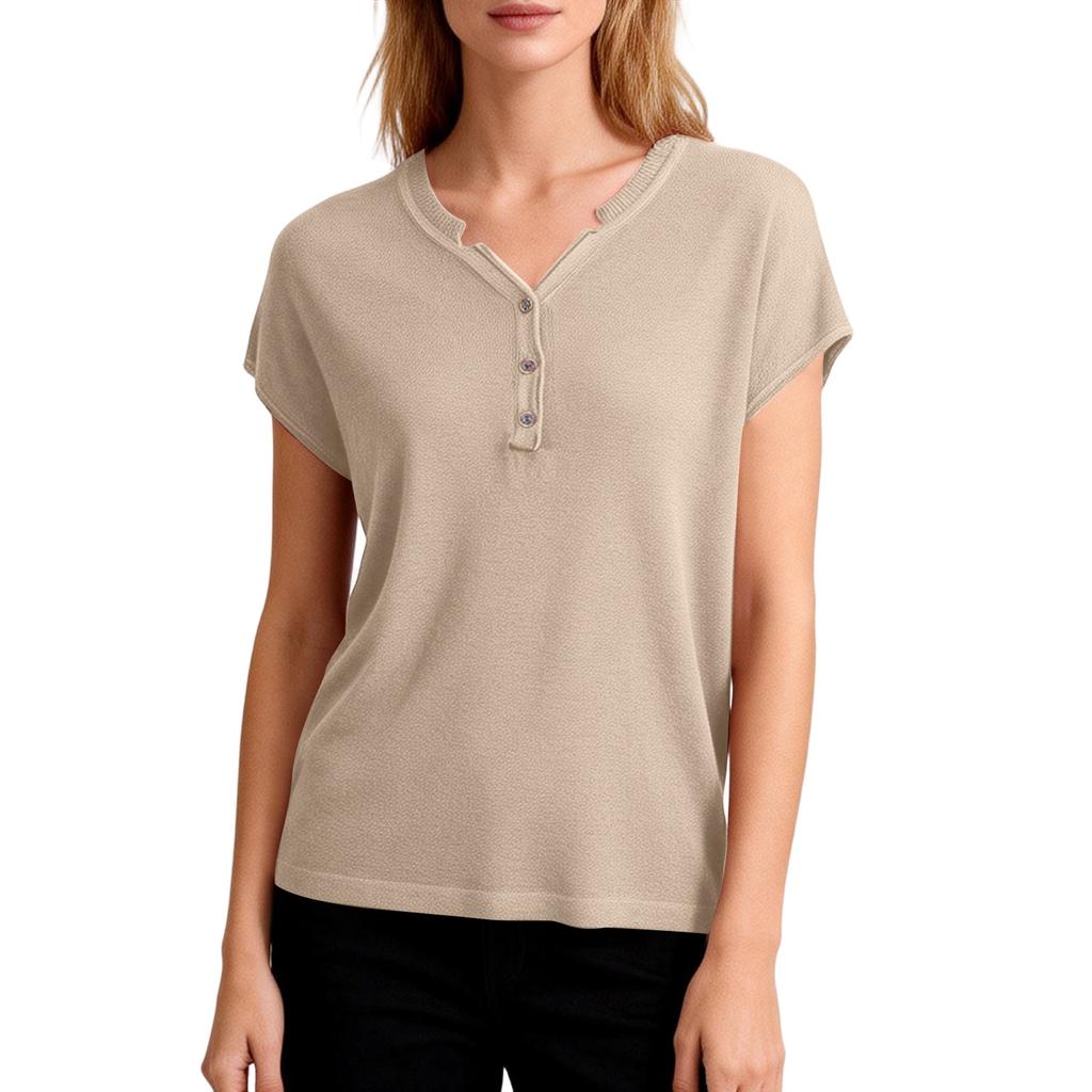 Women's V-neck Loose Button Placket Short Sleeve T-shirt