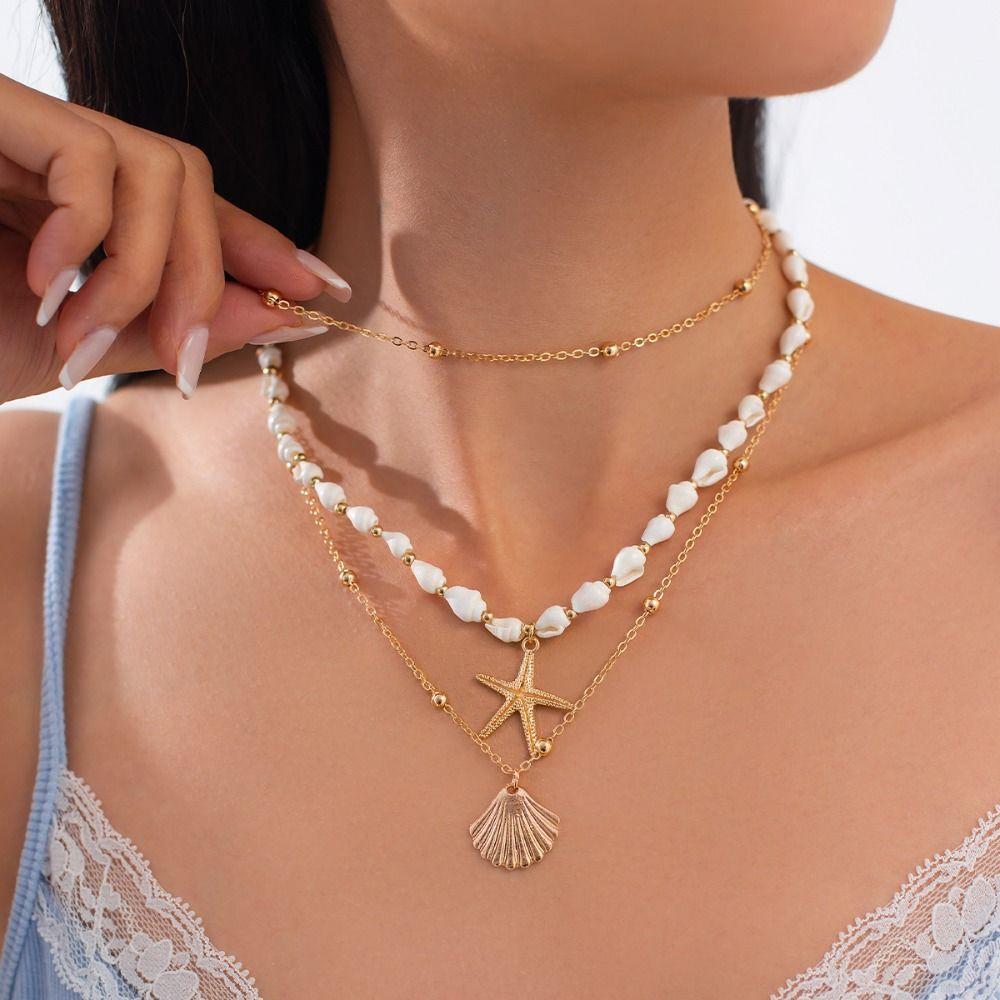 Starfish Shell Multilayer Necklace Mulitlayer Pearl Beaded Necklace Clavicle Chain Women  Beach