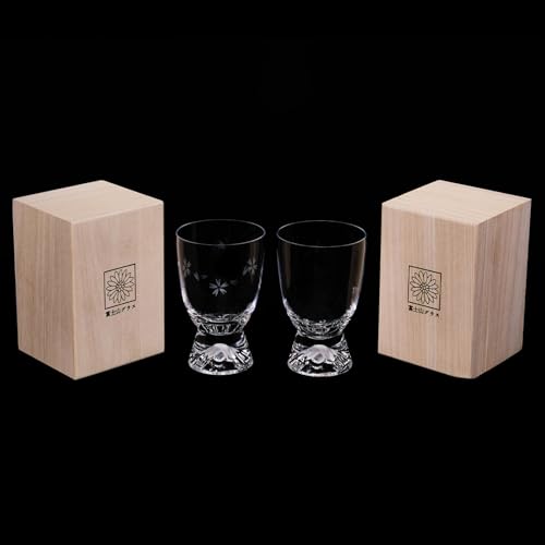 LUGUFON Mt. Fuji Glasses with Sakura Kiriko Design, Pair of Stylish and Elegant Rock Glasses, Handcrafted by Artisans in a Paulownia Wood Box, Perfect