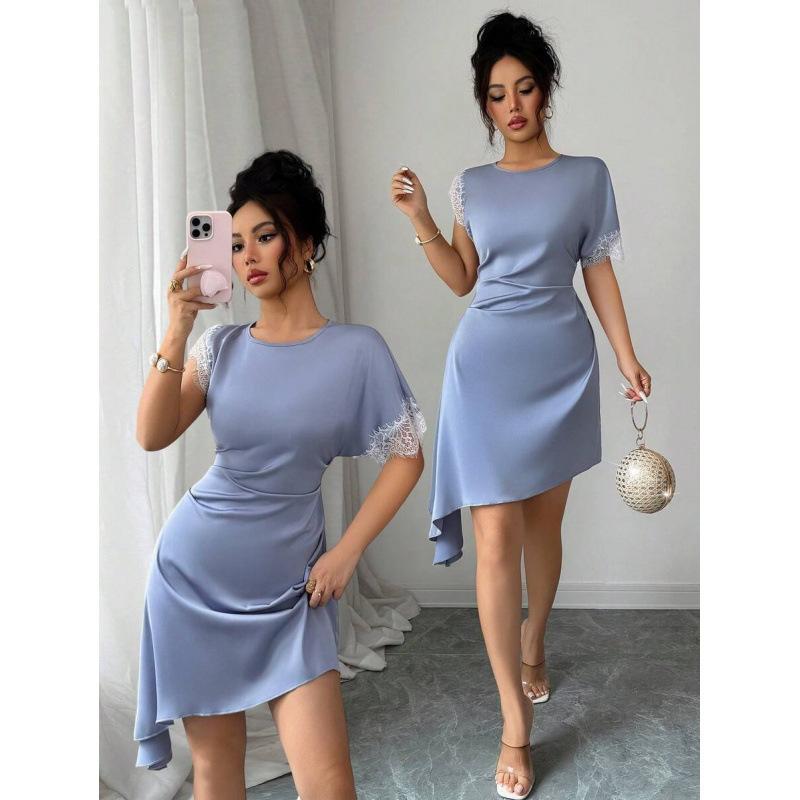 Europe, America 2026 summer new elegant sweet lace splicing waist irregular dress women S