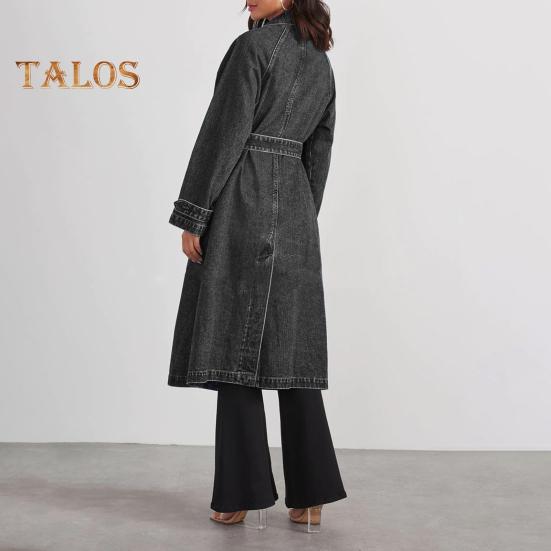 Women Denim Jacket Double-breasted with Side Pockets Lace-up Tie Waist Mid Length Solid Color Turn-down Collar Overcoat Streetwear Outdoor