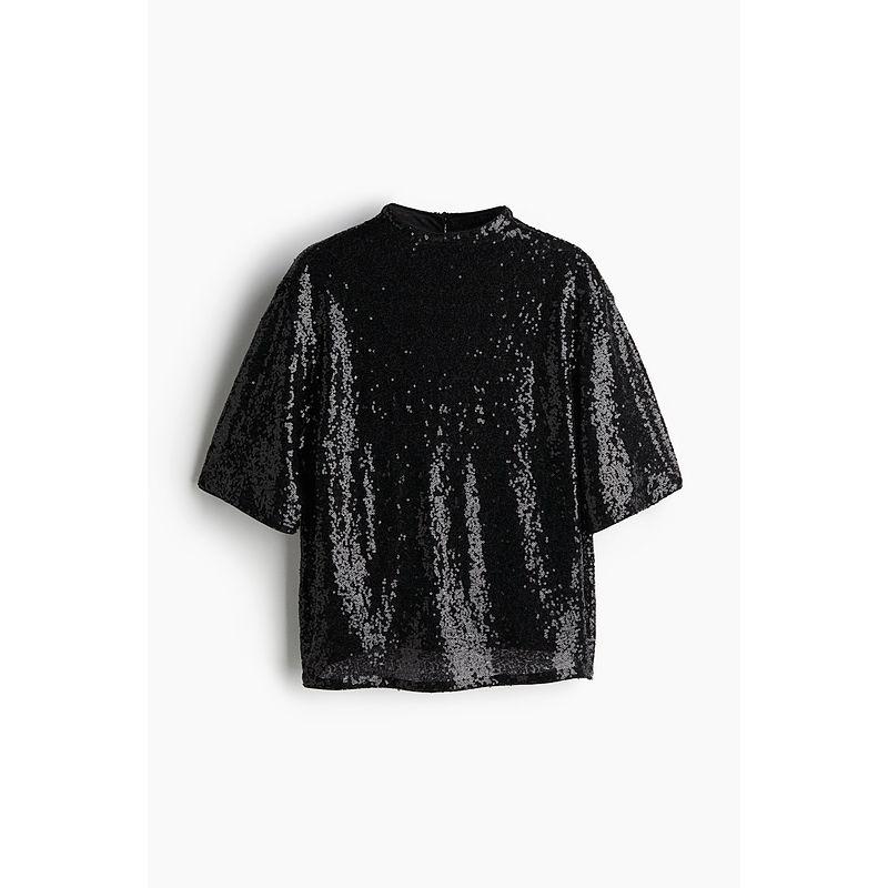 

HM Women s Autumn T-shirt Sequin Gauze Fashion Loose Small Stand Collar T-shirt Short Top 1200001 Black 004 155/80((XS))