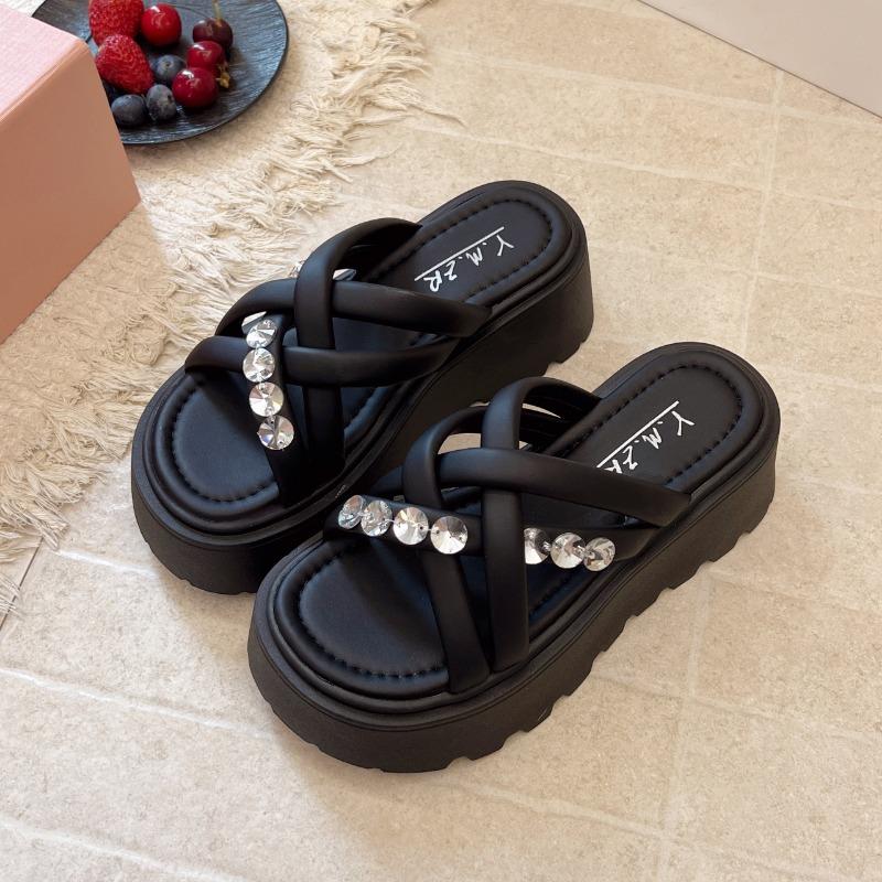 

Rhinestone platform high-heeled cool slippers women s summer wear new silver sandals with skirt casual beach shoes 40 чёрный