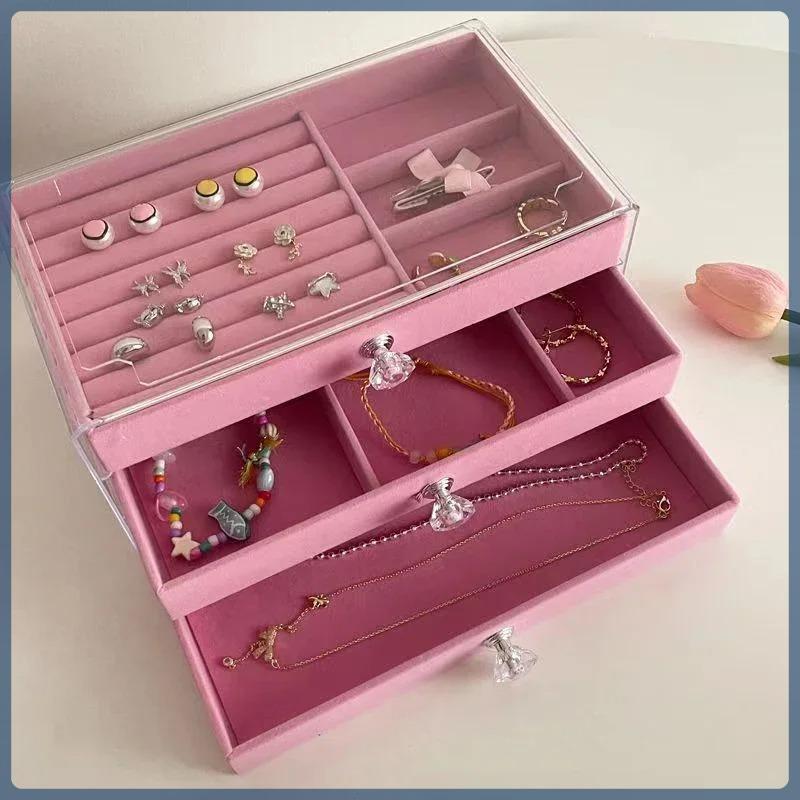 Three-drawer large capacity velvet earrings bracelet ring jewelry organizer dust oxidation jewelry box desktop models
