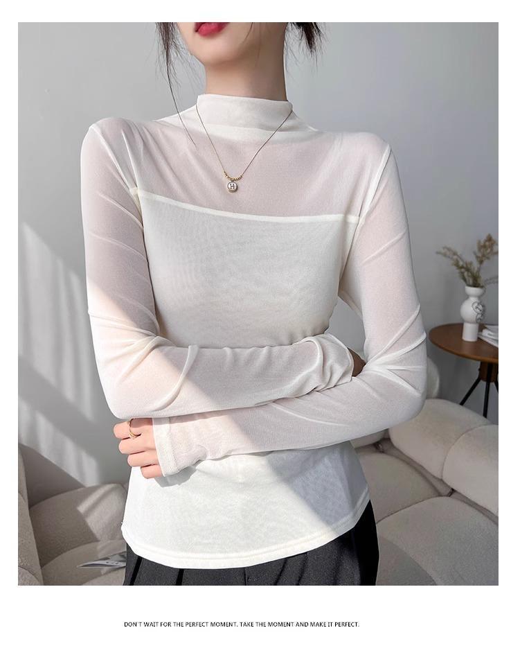 Women's Slim-Fit Velvet Base T-Shirt with Mesh Sleeves: Elegant Half-High Collar for Autumn/Winter