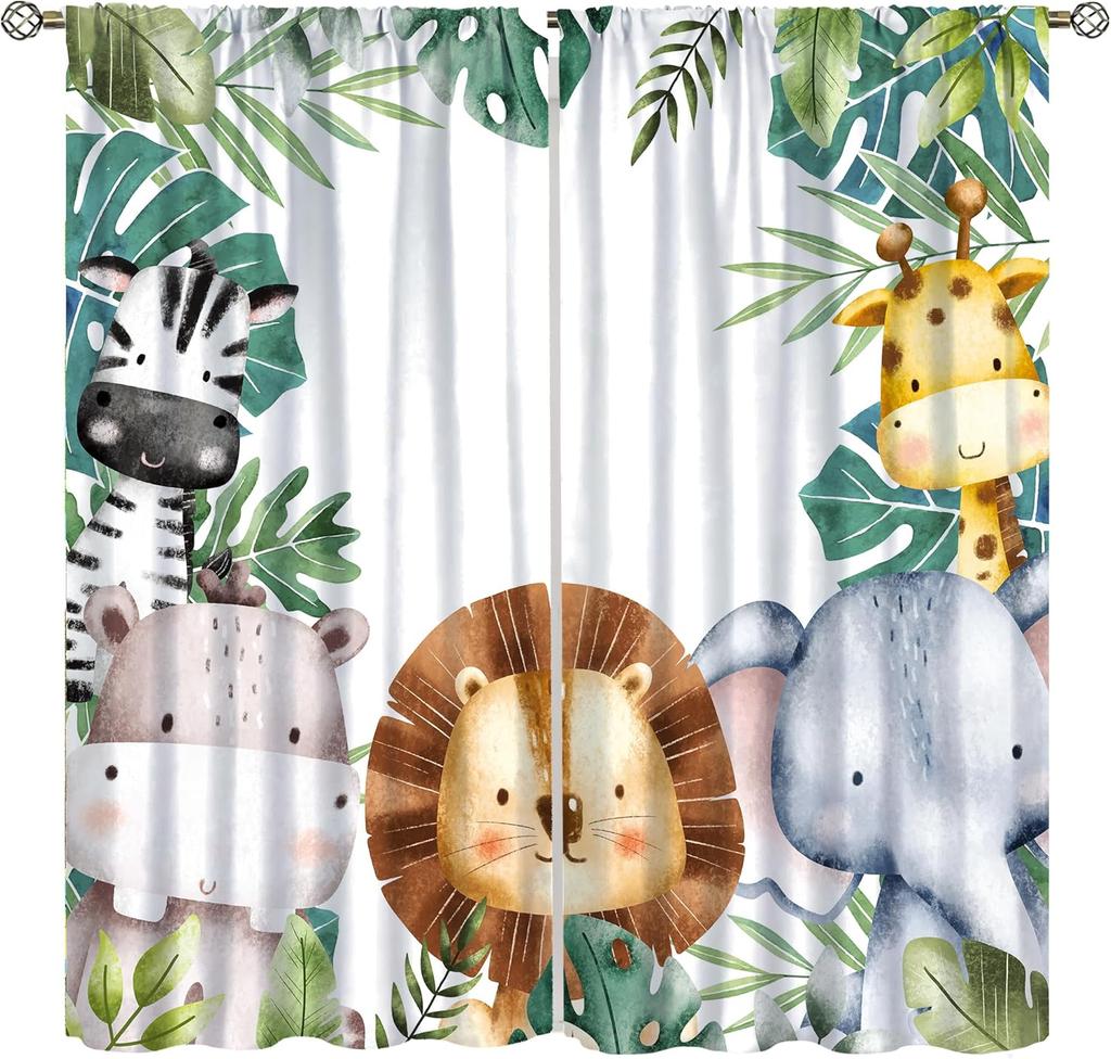 Tende con Animali Cartoni Animati Bambini Fauna Selvatica Fiori Tropicali Foglie di Palma Tende per Finestre per Bambini Bambine Stanza dei Bambini Aula