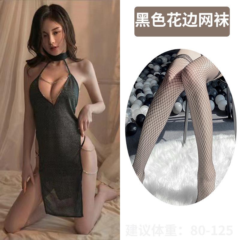 Sexy new chain neck nightdress sexy passion hollowed out hot temptation side split fork pure desire lazy wind