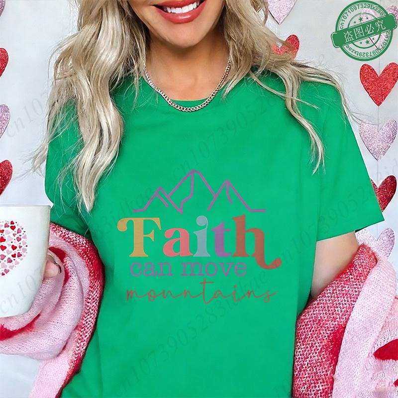 

Christian Women s T-Shirt Faith Can Move Mountains , Retro Color Block Mountain Graphic Tees Summer Short Sleeve O Neck Tops S