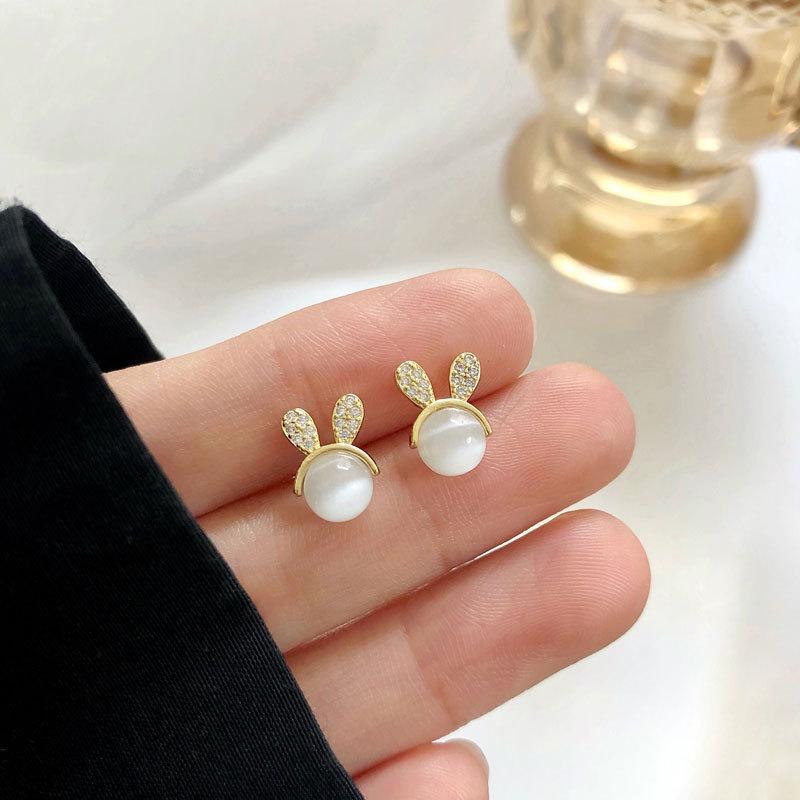 Delicate Small Cat Eye Stone Rabbit Earrings S925 Silver Pin Elegant Jewelry For Women