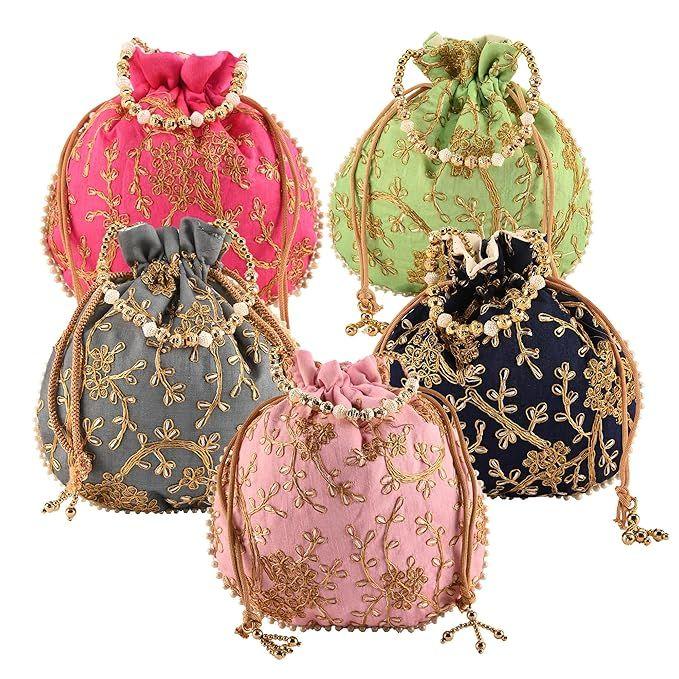Jute Handbags for Women | Embroidered Women Potli Bag | Traditional Indian Goody Bags | Drawstring Bags for Wedding | Pack of 5