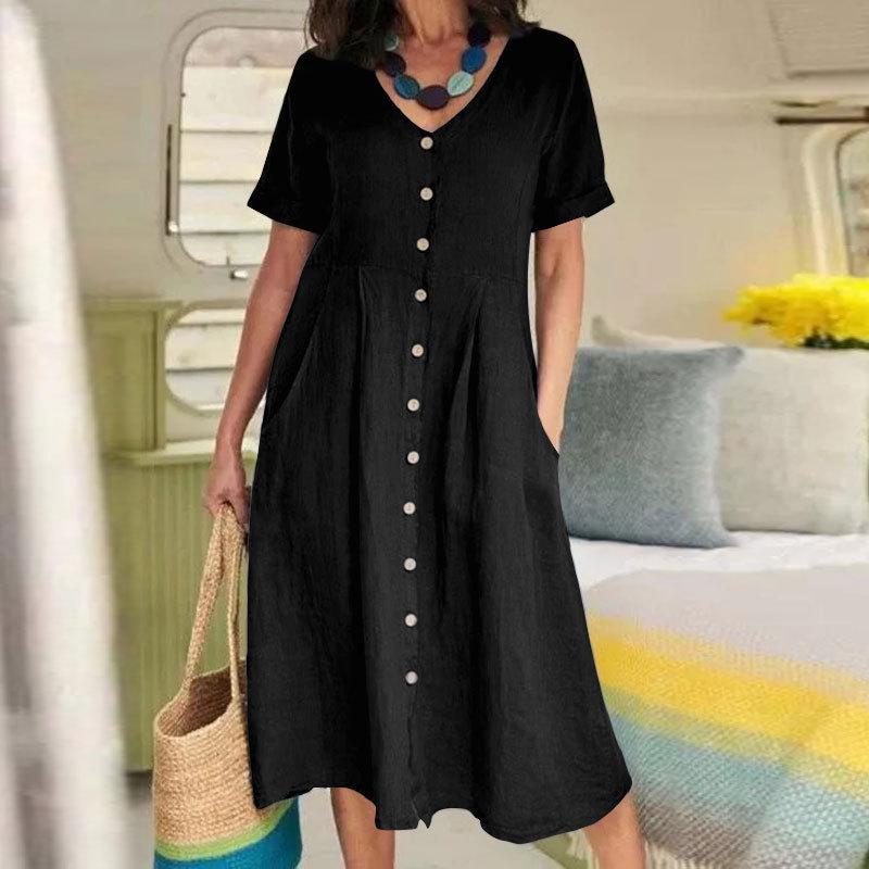 2025 Spring/Summer European and American Solid Color Loose High-Waisted Cotton Linen Dress.