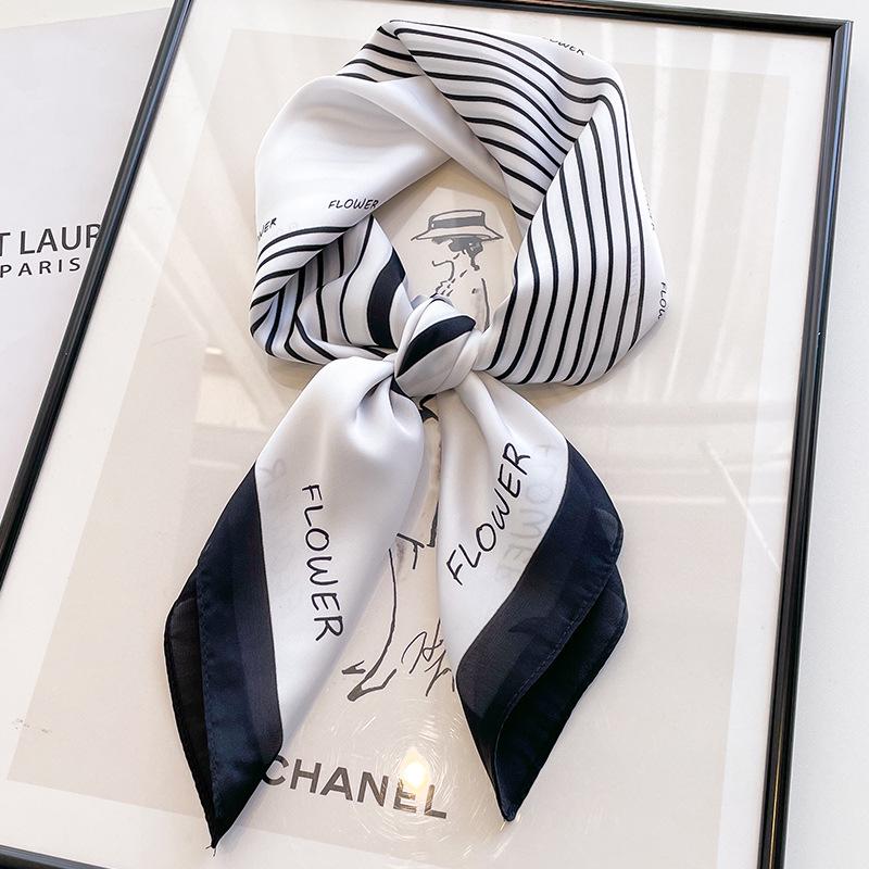 Damski jedwabny szalik w koreańskim stylu: Wszechstronny kwadratowy szalik z kamelią na wiosnę i jesień - do noszenia na szyi, na torebce lub we włosach