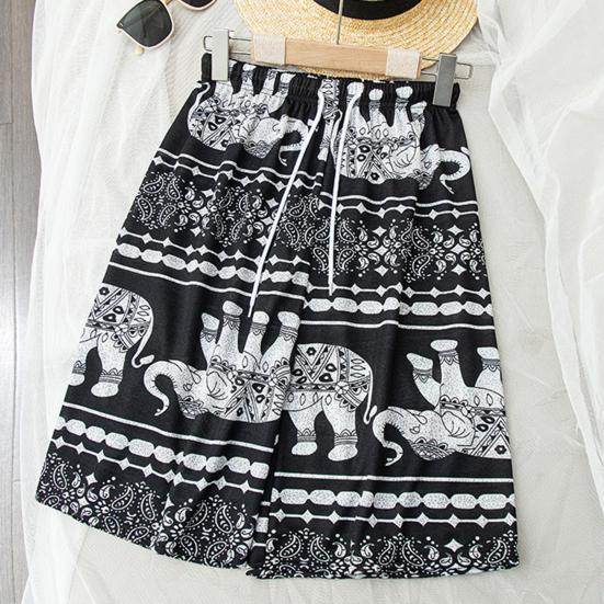 Women Summer Shorts Thiland Elephant Print Drawstring Elastic Waist Loose Soft Breathable Vacation Beach Travel Knee Length Shorts