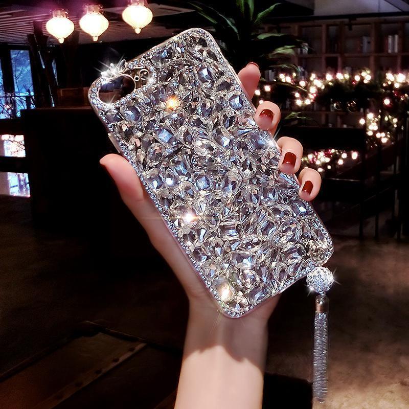 Luxusní 3D módní bling kamínky drahokamy diamanty měkké pouzdro na telefon pro iPhone 16 15 14 13 XS XR 11 Pro Max 12 MiNi třpytivé třásně závěsné ozdoby
