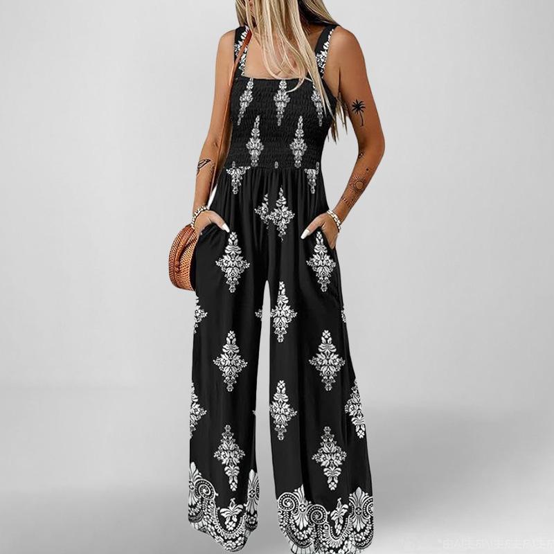 2025 Summer Women's Printed Casual Loose Short Sleeve Jumpsuit