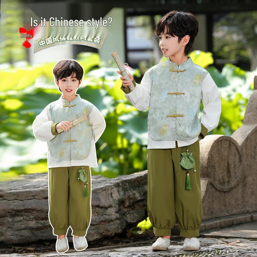 Boys' Long-Sleeve Tang Suit Hanfu Set - Chinese Style Children's Mid-Autumn Festival Costume
