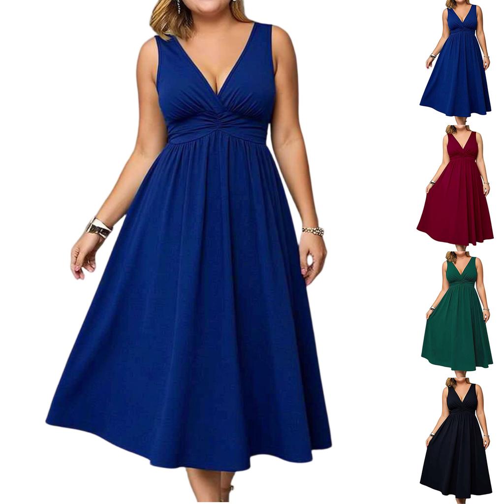 Women's Sleeveless V Neck A Line Dress with Waist Cinch Midi Length Casual Summer Dress