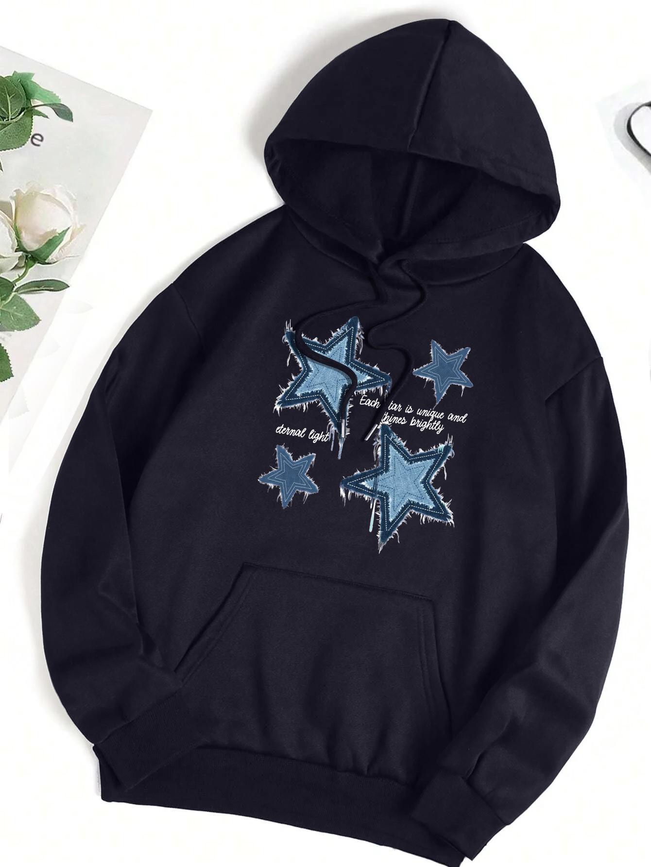 

Retro Blue Jean Star Print Hoody Women Loose Pocket Hoodies Multicolor Autumn Pullover All-Match Fleece Female Streetwear 3XL