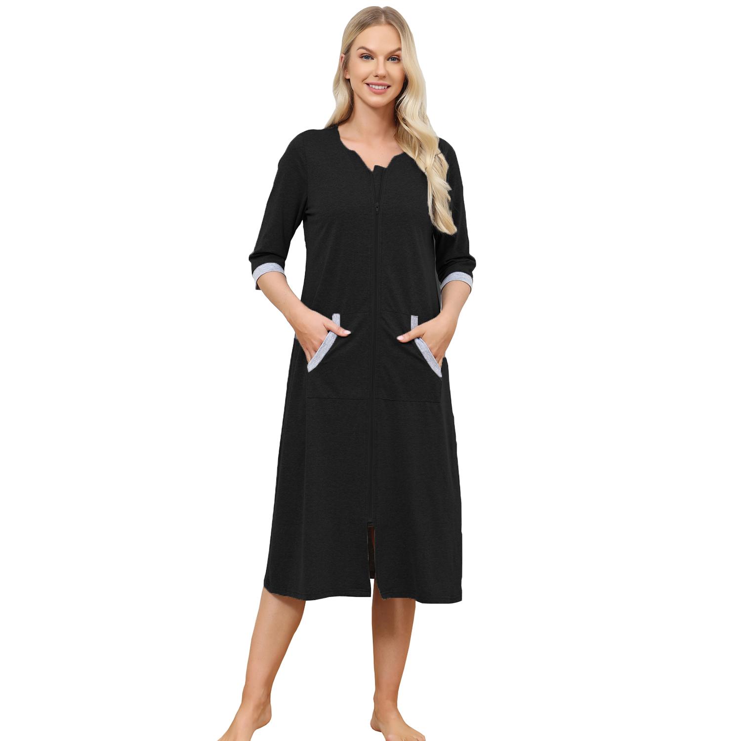 

Женские халаты из хлопка с короткими рукавами и карманами на молнии, длинный халат для сна, пижамы для дома, летняя повседневная домашняя одежда XXL чёрный