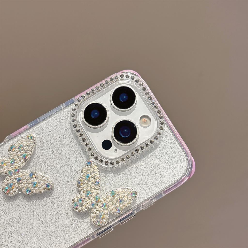 Für iPhone 16 Pro Hülle Glitzer Strassstein Dekor Schmetterling TPU + PC Handyhülle mit Perlenband