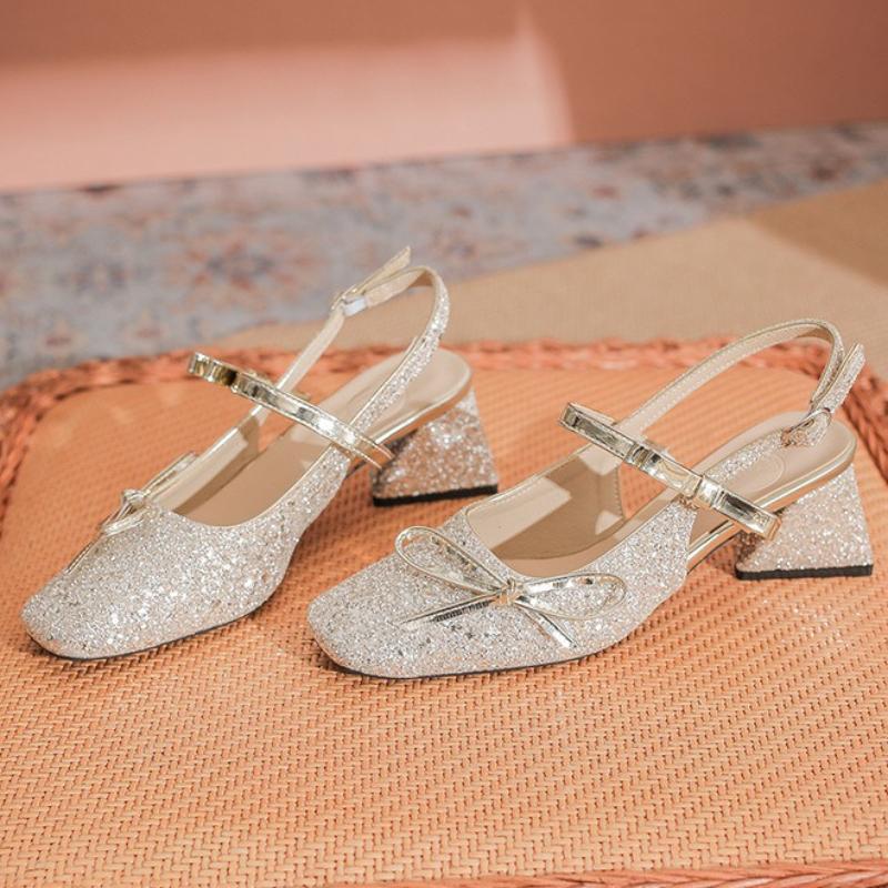 Fashion Bling Bow Mary Jane Shoes Women Fashion Square Toe Back Strap Buckle High Heel Sandals Sweet Wedges Dress Shoes Sandalias Mujer