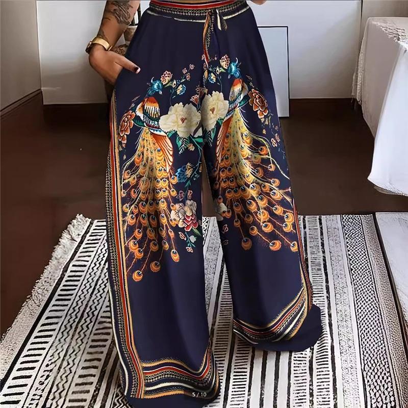 New Style European And American Spring And Summer Peacock Positioning Printing Loose Casual Women's Trousers