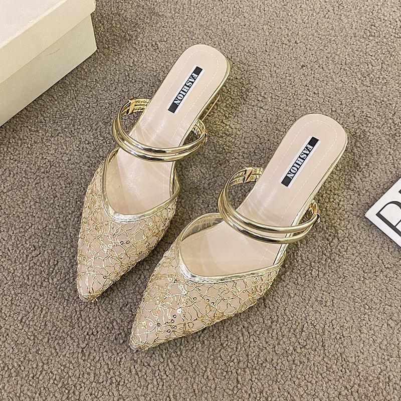 

Spring and Autumn New Luxury Women s Exquisite Casual Outerwear Slippers Summer Fashion Versatile High Heels Pointed Sandals 43 золотой