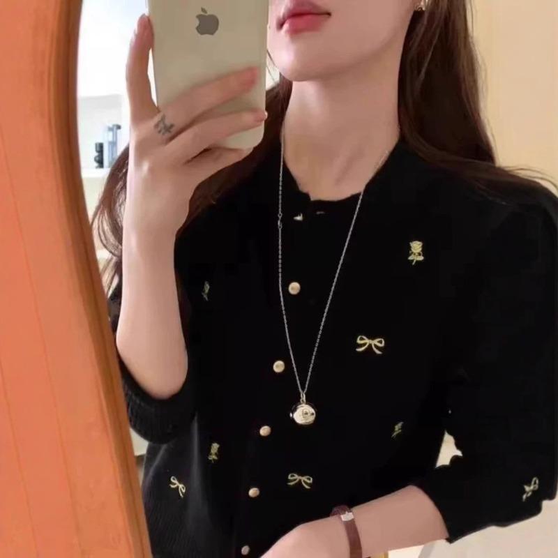 Bow flower embroidered knitted sweater women's spring and autumn new sweet short crew neck top thin sweater cardigan jacket