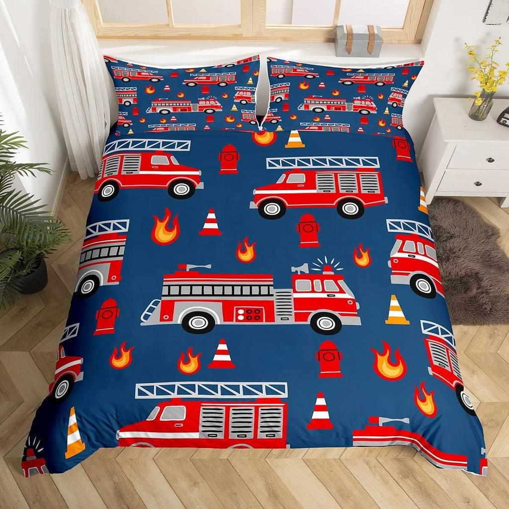 Fire Truck Duvet Cover Twin Queen Size,Kids Cute Car Road Traffic Print Comforter Cover Cartoon City Map Firefighter Bedding Set