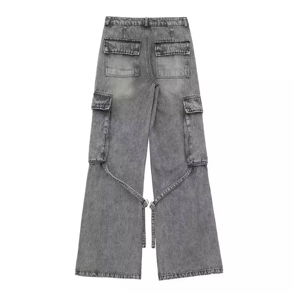 Chic Denim Streetwear Women Straight-leg Pants Fashion Pockets Y2K Spice Cool Girl Loose Sporty Zip Cargo Pants