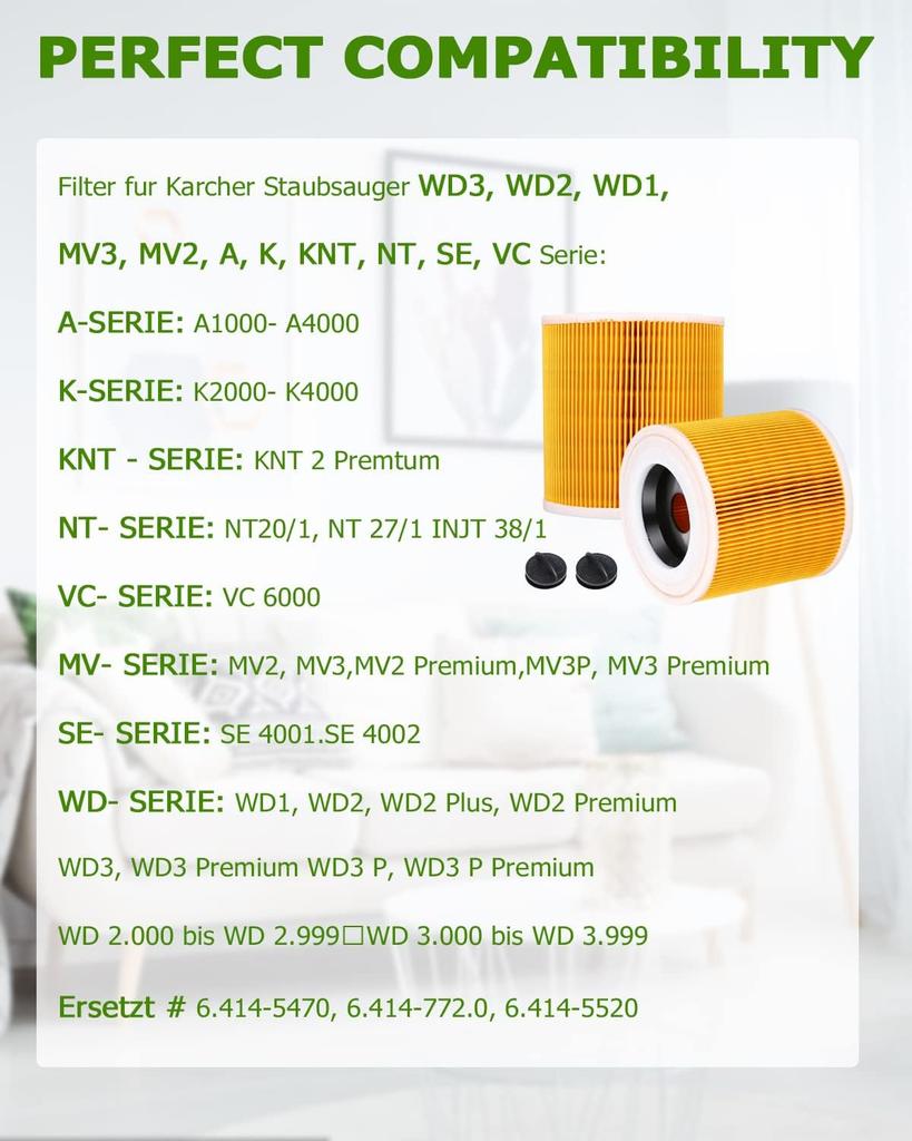 Suitable For Karcher WD2 WD3 WD3P MV2 MV3 Wet Dry Vacuum Cleaner Cartridge Filter A2004 A2204 6.414-552.0 Replacement