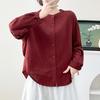 2026 Spring Korean-Style Loose Long Sleeve Cotton Gauze Women's Shirt, Double Layer Stand Collar, Solid Color.