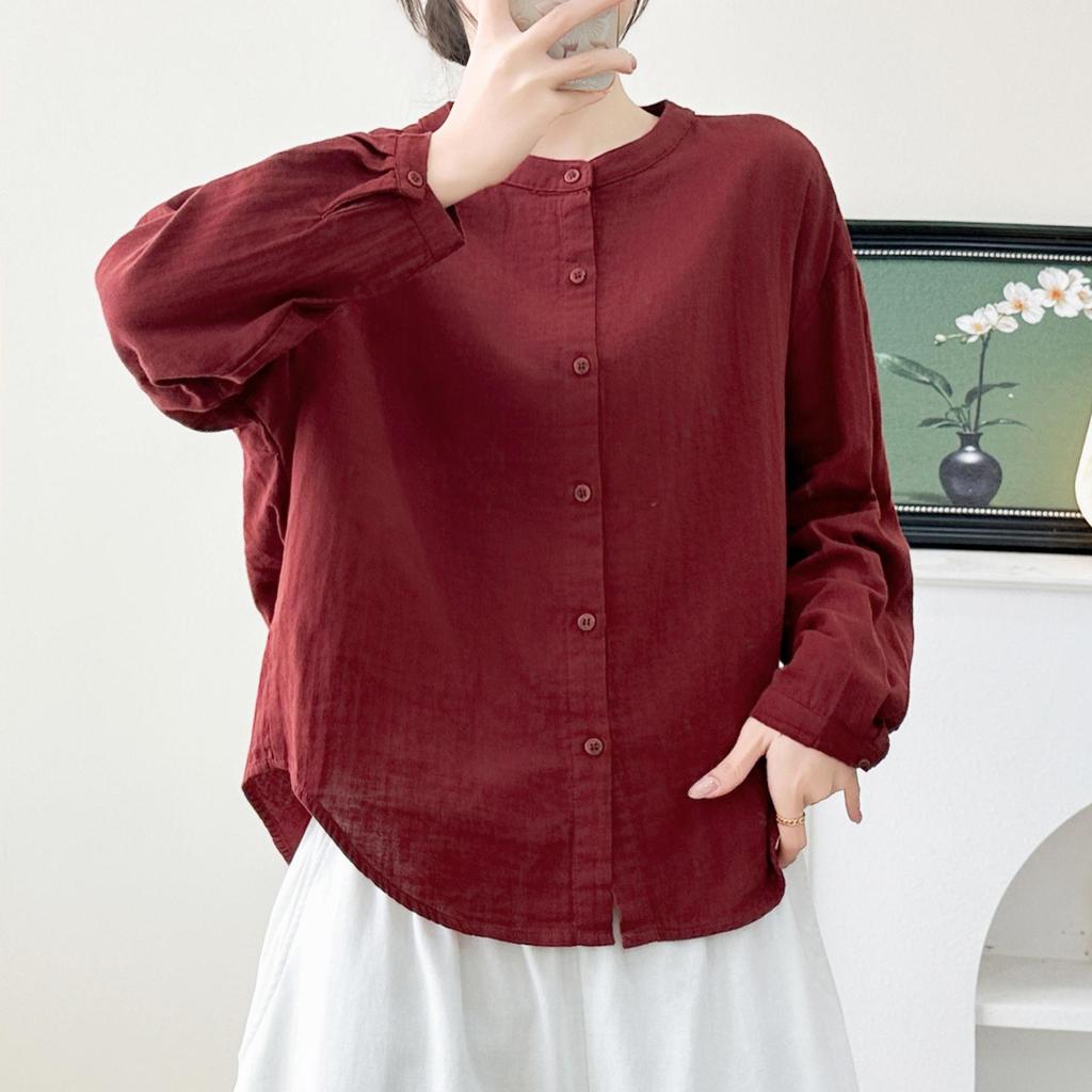 2026 Spring Korean-Style Loose Long Sleeve Cotton Gauze Women's Shirt, Double Layer Stand Collar, Solid Color.