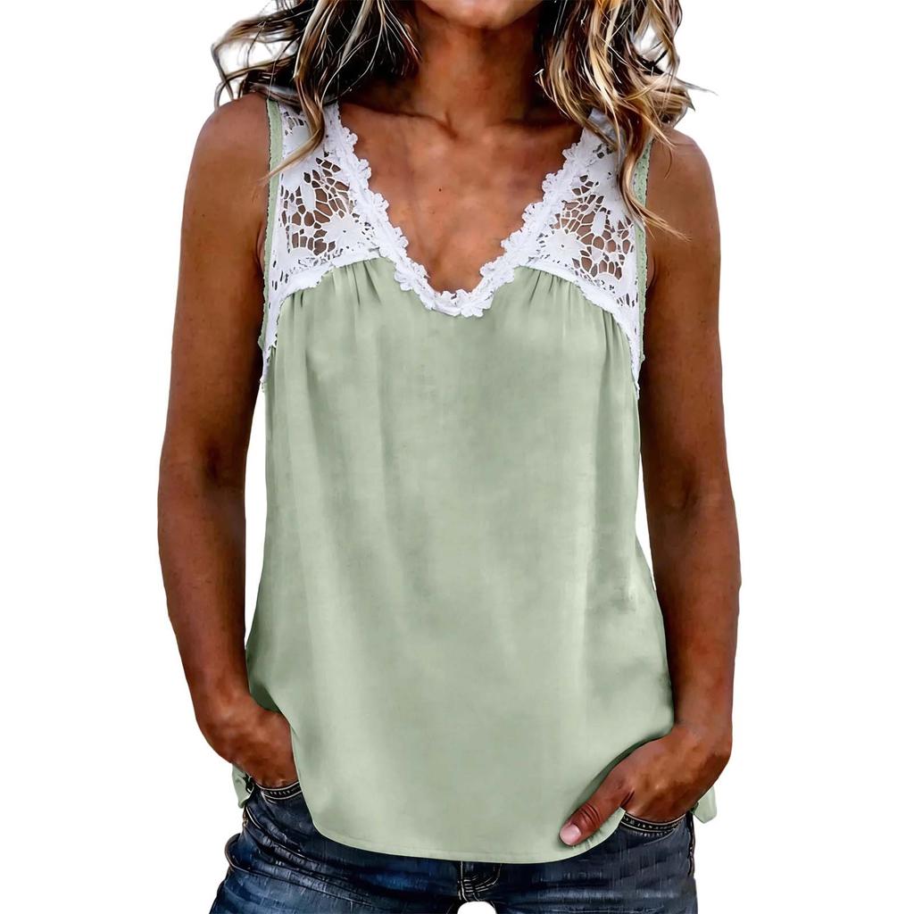 Haut sans manches en dentelle patchwork à col en V pour femme, chemisier décontracté à coupe ample, tissu léger et doux, chemise d'été pour un usage quotidien