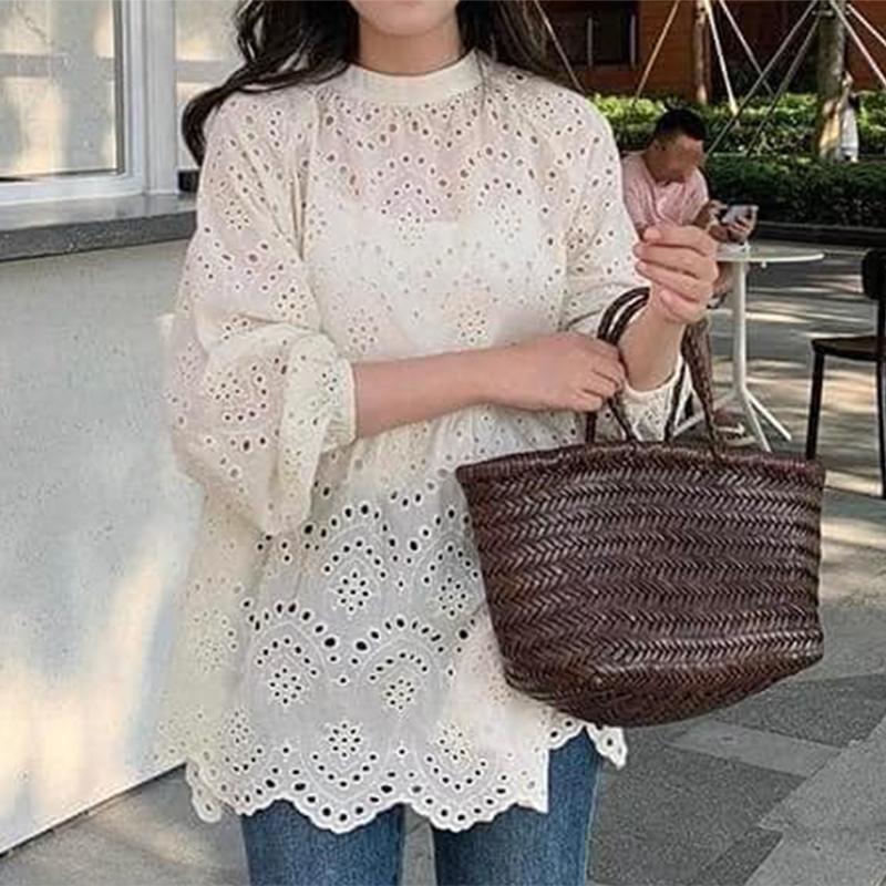 

ZANZEA Женские повседневные блузки с круглым вырезом, длинными рукавами, кружевной ажурной спинкой и лоскутным дизайном S бежевый