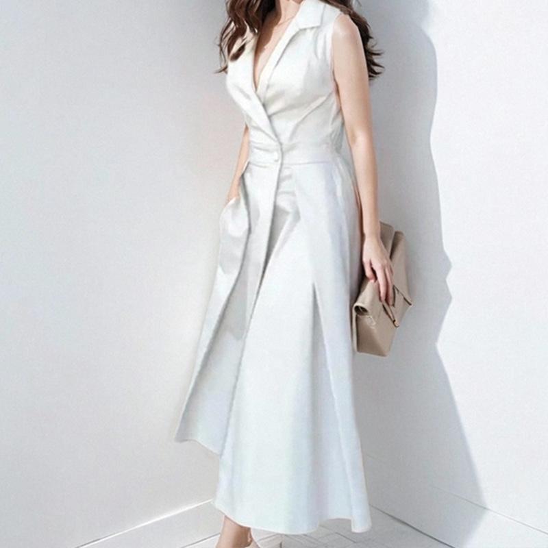 Fashionable Summer Commute Solid Color Button V-Neck Maxi Dress Women's Clothing Europe Trade Pure Color Skirt