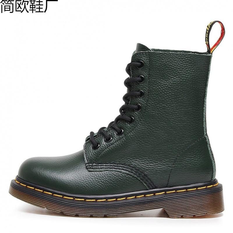 Lychee Pattern Tooling Boots Women's Head Layer Soft Cowhide Pure Black Short Boots British Leather Locomotive Boots