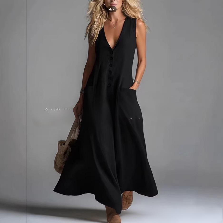 2026 Summer Women's V-Neck Solid Color Casual Dress with Pockets