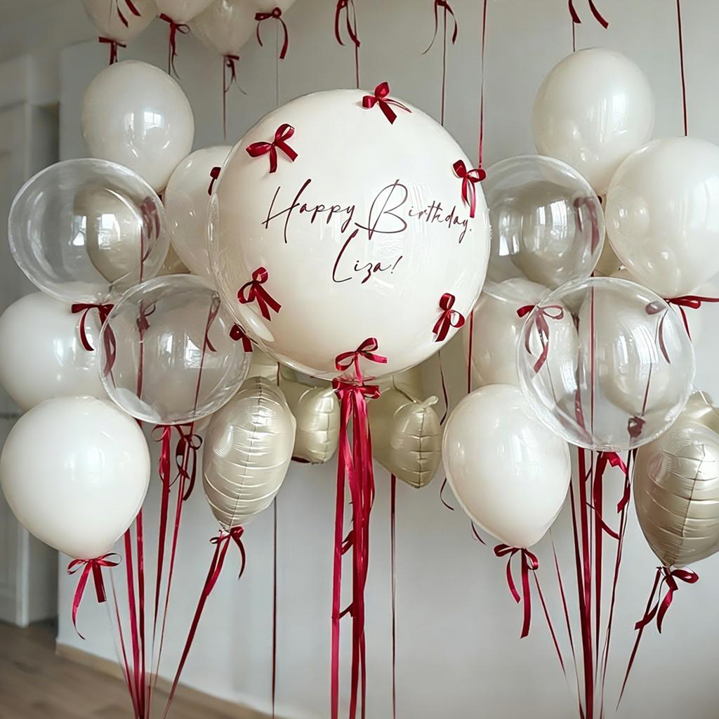Sand white bobo balloon set with red ribbon bow decoration for birthday, wedding, shower, proposal, anniversary decoration