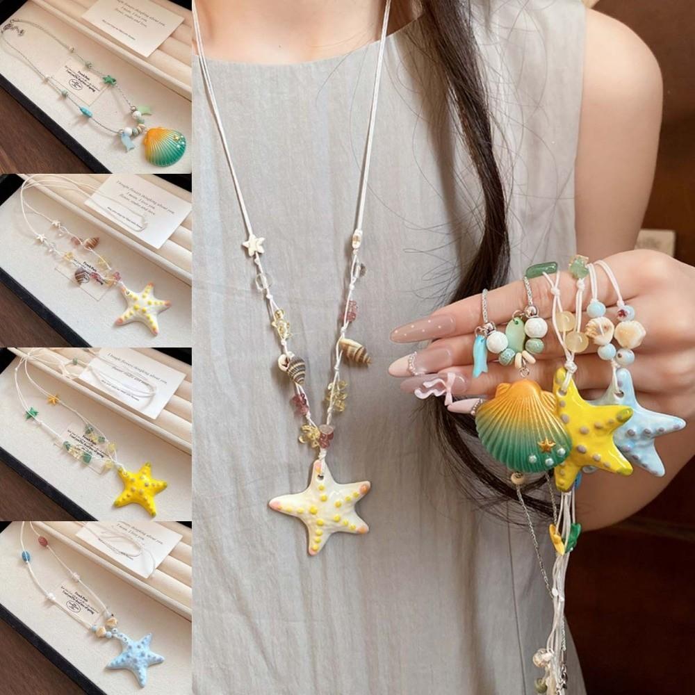 Dopamine Bead Starfish Shell Necklace Bohemian Summer Clavicle Chain Starfish Choker Vacation