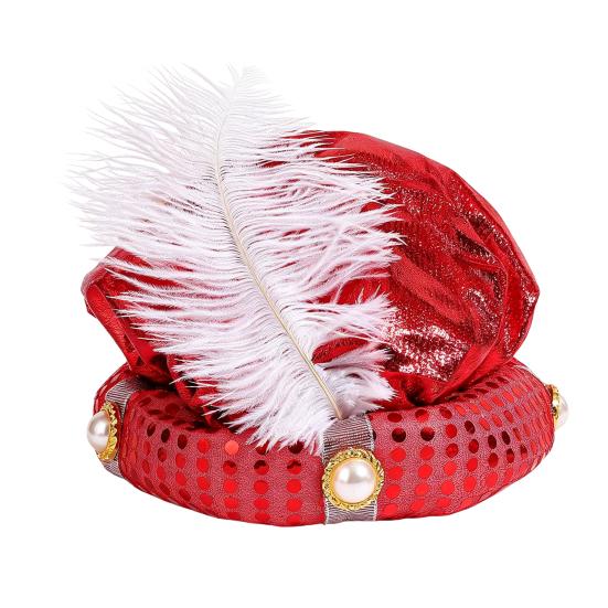 White Feather Pearl Fedora Indian Sultan Hat, Shiny Sequins Plume Cap, Novelty Arabian Exotic Stage Performance Headwear Prince Costume Hat for Dress