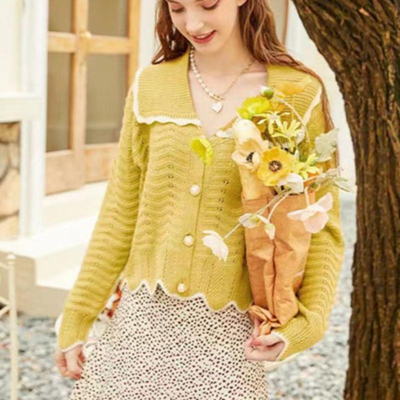 Doll collar knitted cardigan women's spring clothing new hollow thin sweater jacket thin top