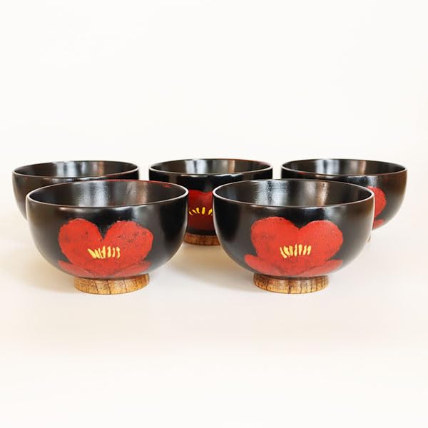 Wooden Soup Camellia Set of 5 Made of Natural Perfect for Miso or Other A great gift Bowls, Design, Lacquered, 350ml, (5 bowls), Wood, Lightweight,