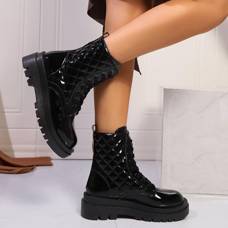 Patent Leather Platform Ankle Boots Women Lace-Up Chunky Heels Motorcycle Botas Mujer Thick Bottom Autumn Boots Woman 2025 New