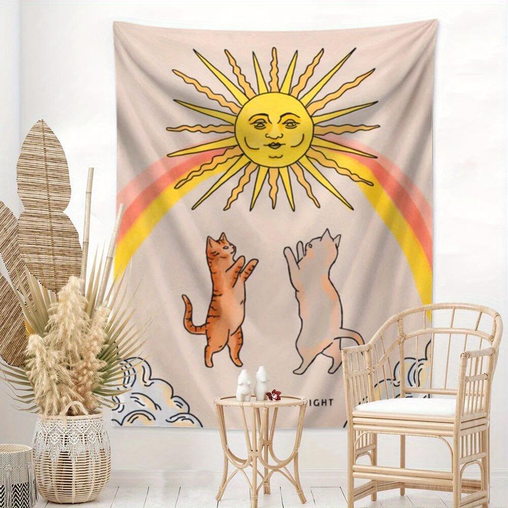 Chase The Sunlight Cat Print Tapestry Cute Boho Style Wall Hanging For Dorm Bedroom And Room Decor And Aesthetic Arrangement