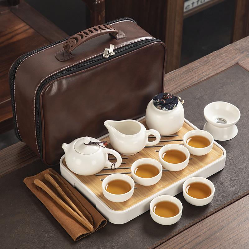 Travel ceramic Kung Fu tea set, tea tray, a full set of portable storage bags, practical business gifts for customers