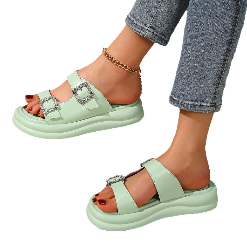New fashionable double-breasted diamond buckle thick-bottomed cool slippers for women to wear soft-bottomed comfortable casual open-toed beach slipper