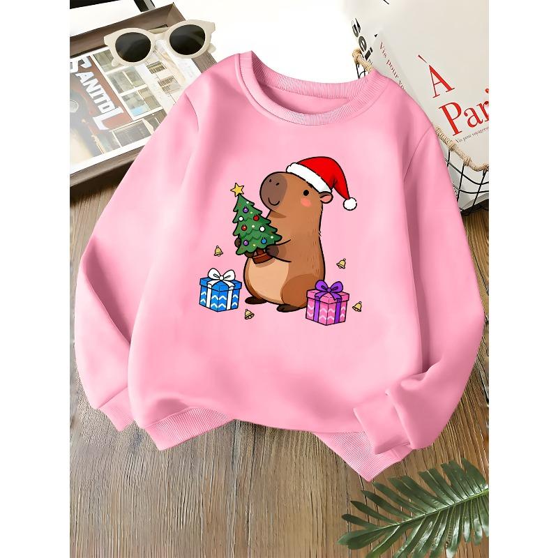 Kids Unisex Crewneck Sweatshirt, Cute Christmas Capybara Santa Hat Xmas Tree Gift Bell Print Soft Long Sleeve Pullover For Boys Girls Over 4 Years Old